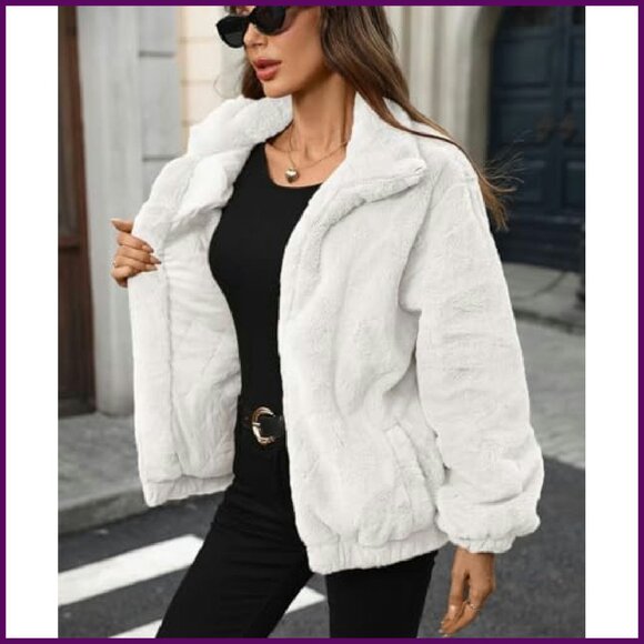 Faux Fur Lapel Zip Up Cropped Jacket Winter Coat Warm Fleece - Picture 5 of 7